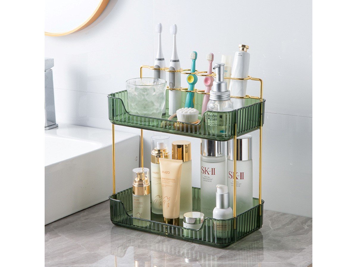 MPM 2 Tiers Storage Rack with Toothbrush Toothpaste Makeup Brush Holder, Storage Organizers, Multifunctional Stand Rack for Bathroom Bedroom Vanity Office Dresser Accessories and Essentials - main image