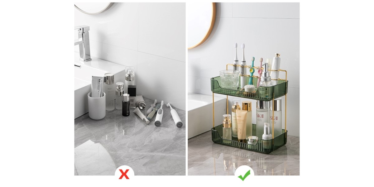 MPM 2 Tiers Storage Rack with Toothbrush Toothpaste Makeup Brush Holder, Storage  Organizers, Multifunctional Stand Rack for Bathroom Bedroom Vanity Office  Dresser Accessories and Essentials 
