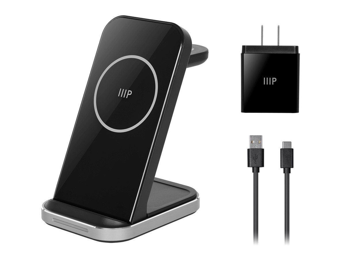 Monoprice 3 in 1 Wireless Charging Station for iPhone, Apple Watch,  AirPods, Bundled with Quick Charge 3.0 Wall Charger 