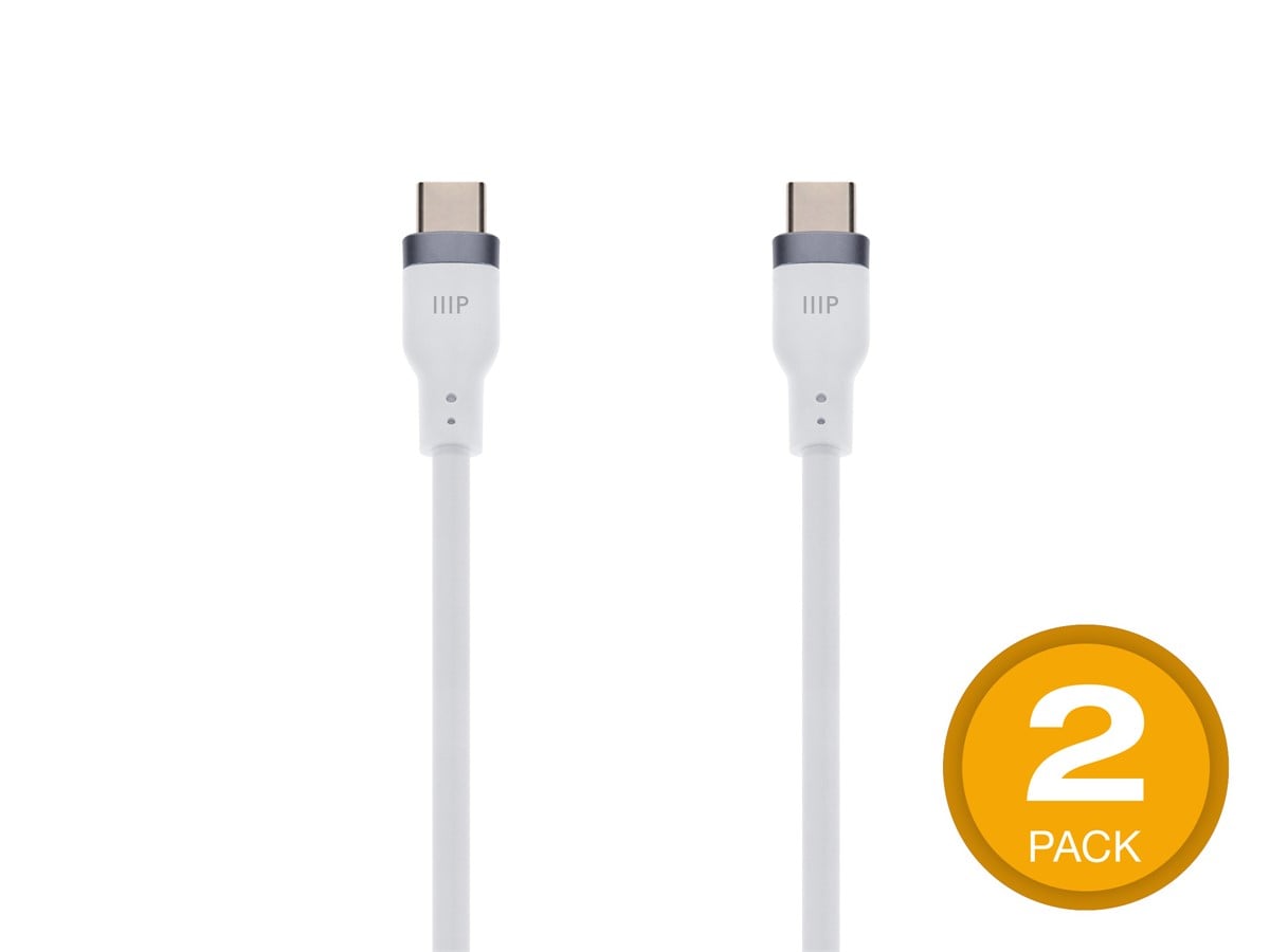 Monoprice USB-C to USB-C Silicone Charging Cable - USB 2.0, 240W PD, Ultra Flexible, 6ft, White - 2 Pack