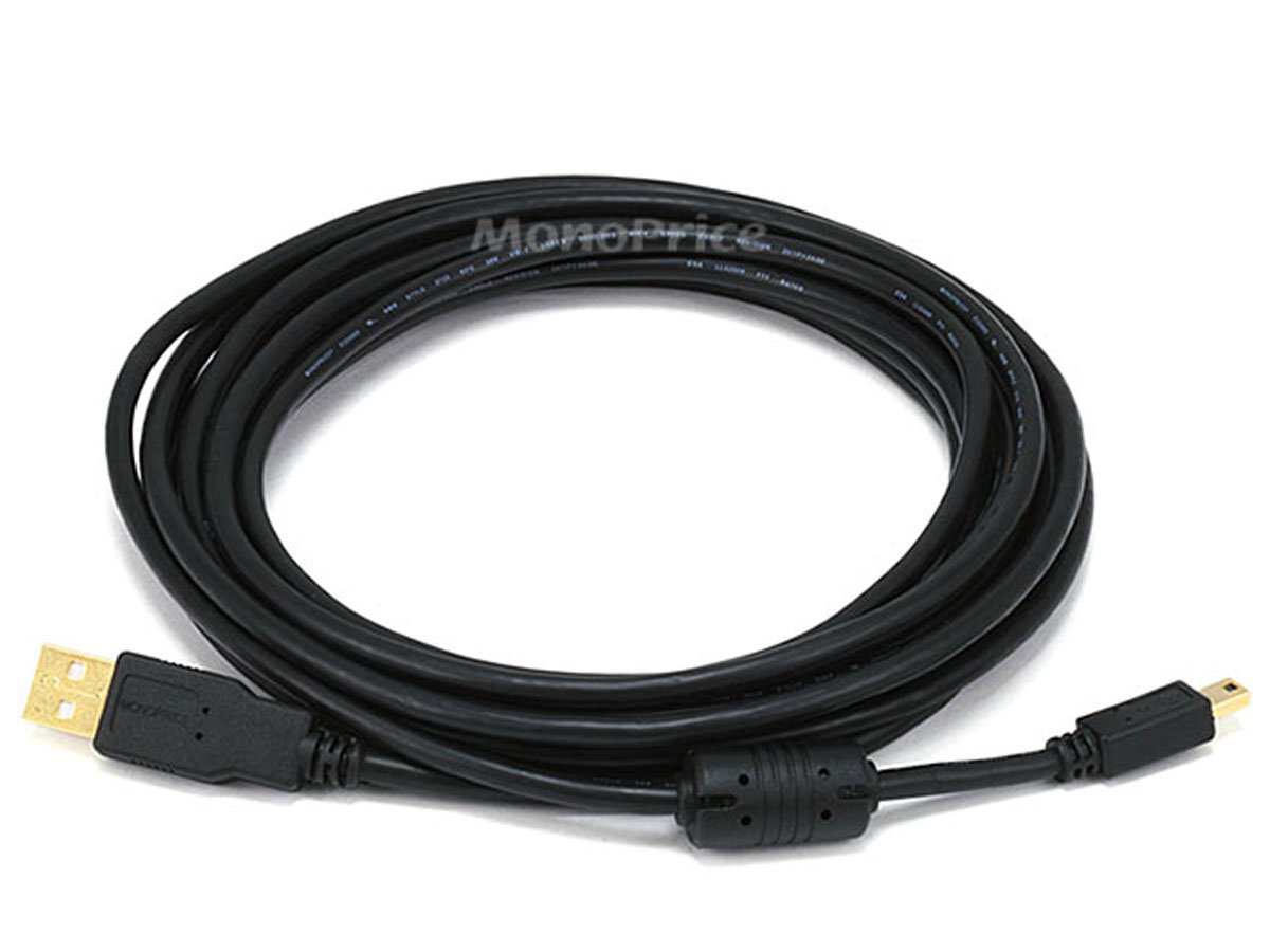 Monoprice USB-A to Mini-B 2.0 Cable - 5-Pin, 28/24AWG, Gold Plated, Black, 15ft - main image