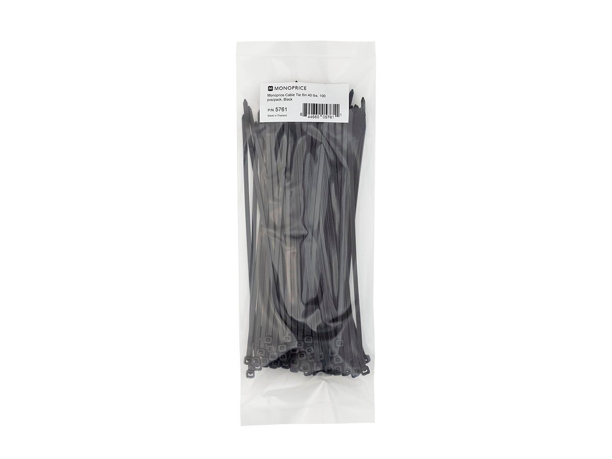 Monoprice Cable Tie 8in 40 lbs, 100 pcs/pack, Black - main image