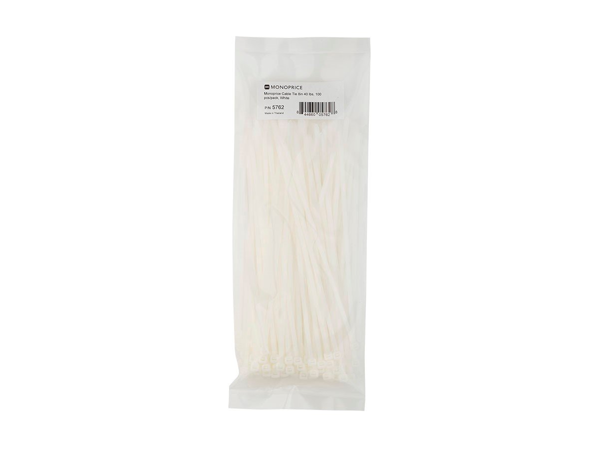Monoprice Cable Tie 8in 40 Lbs, 100 Pcs/pack, White