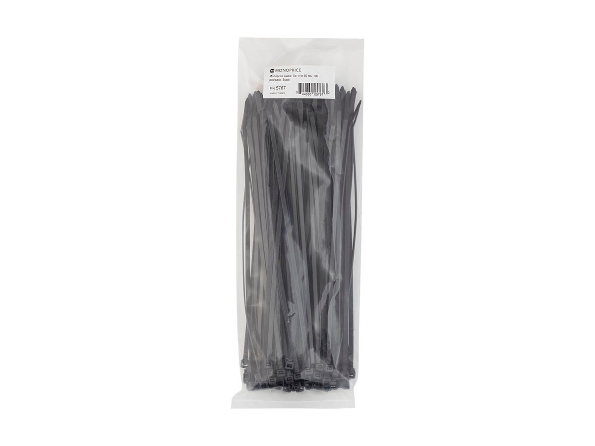 Monoprice Cable Tie 11in 50 lbs, 100 pcs/pack, Black - main image
