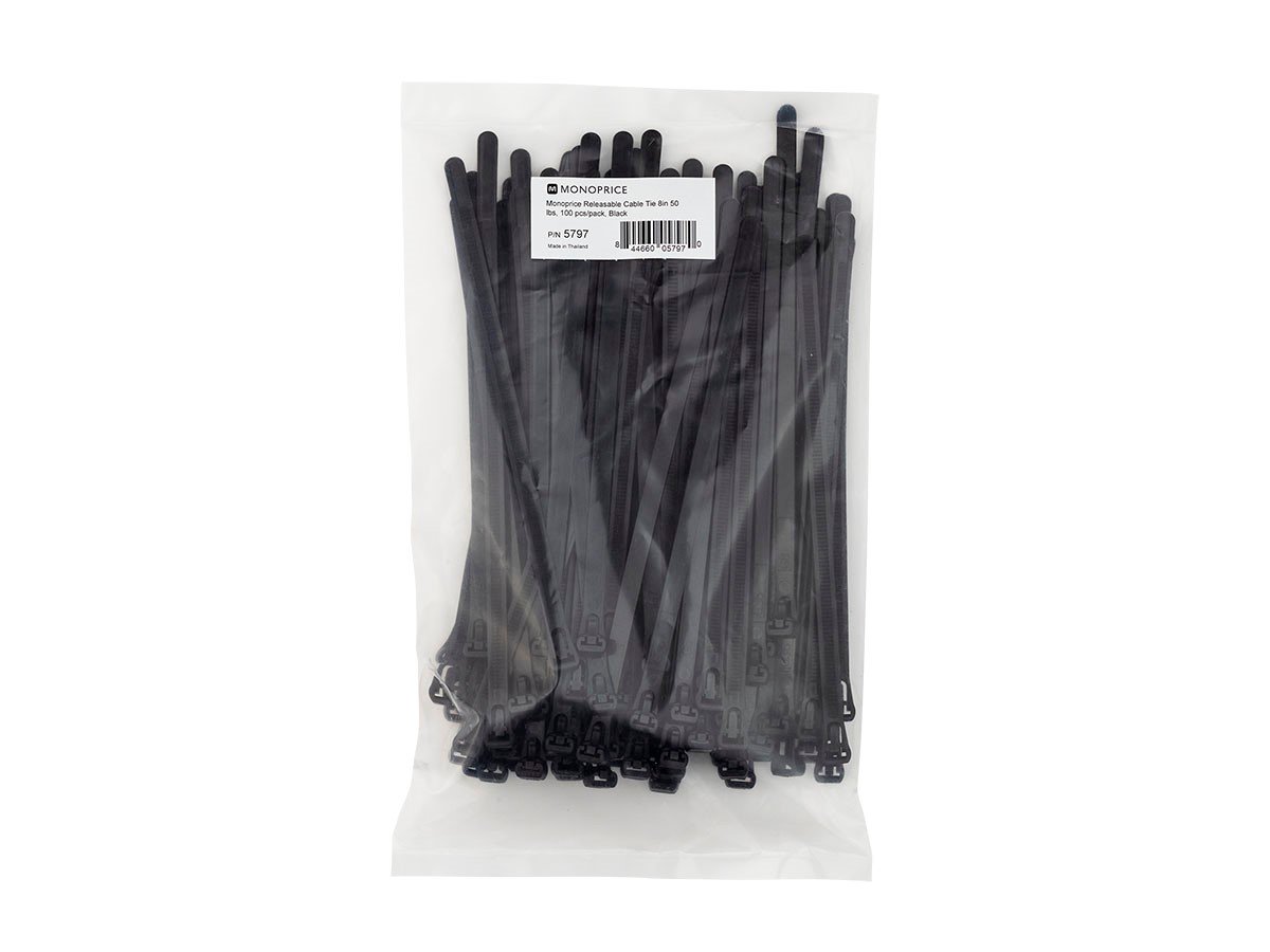 Monoprice Releasable Cable Tie 8in 50 lbs, 100 pcs/pack, Black - main image