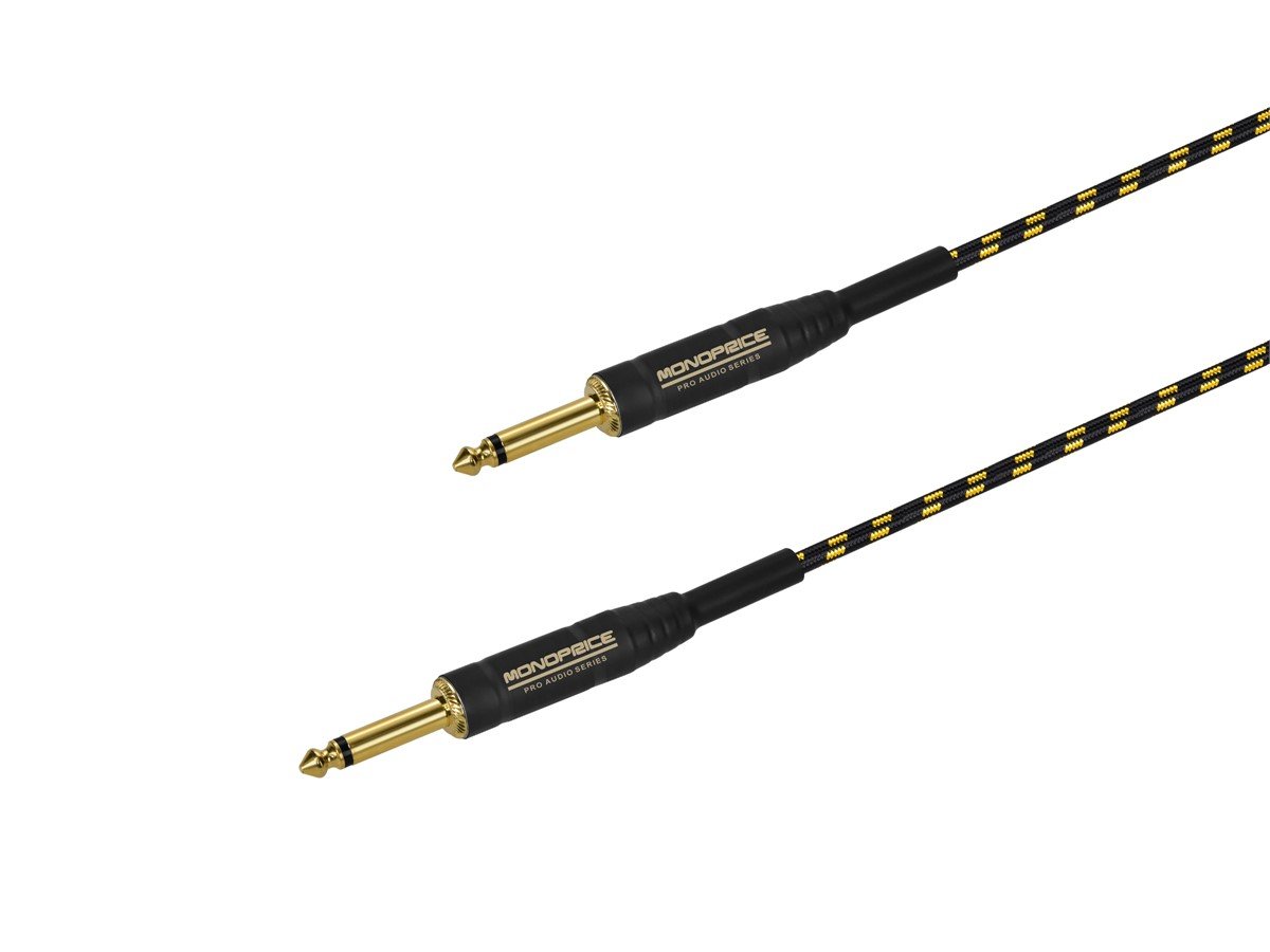 Monoprice 15ft Cloth Series 1/4 inch TS Male 20AWG Guitar and Instrument Cable - Black & Gold - main image