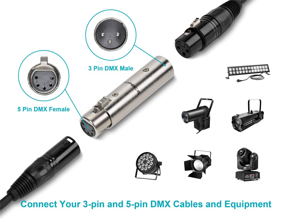 thumbnail image 2 of Monoprice Xlr Adapter Monoprice 3-Pin Male To 5-Pin Female DMX Converter - Silver, Anodized Aluminum Adapter With Lock Release Button 5 Pin Dmx 2 of 9