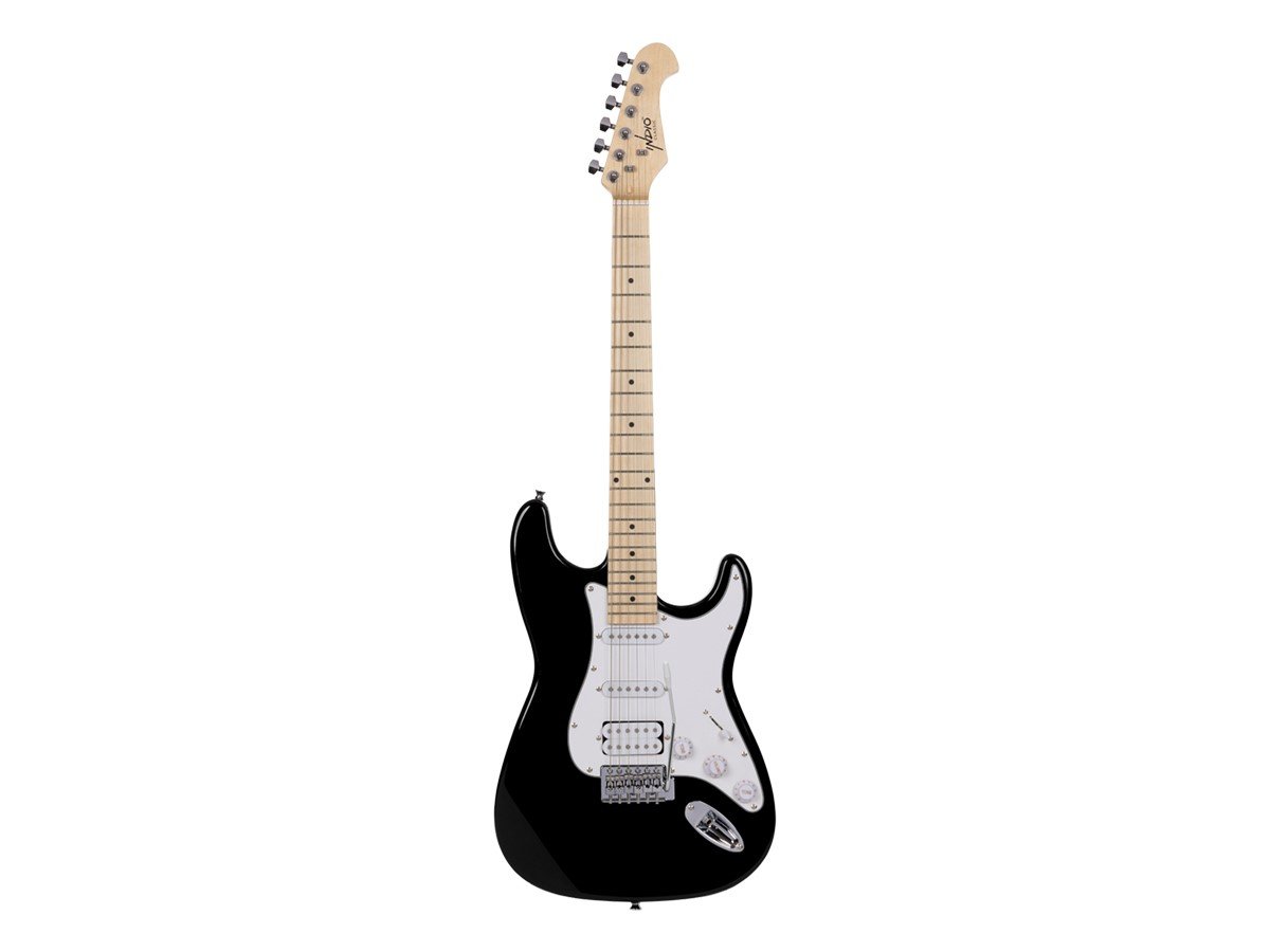 Indio by Monoprice Cali Classic HSS Electric Guitar with Gig Bag - Black Body, White Pickguard, Maple Fretboard