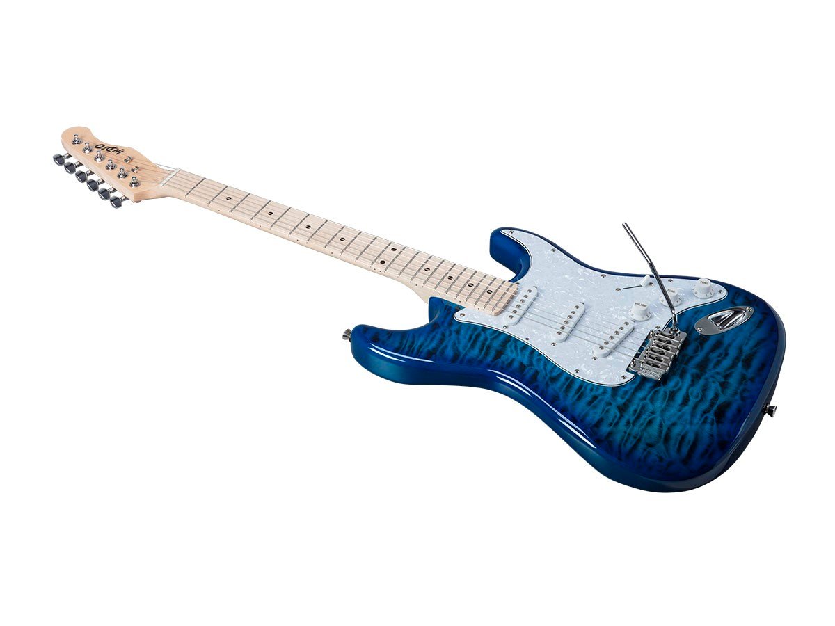 Indio By Monoprice Cali DLX Quilted Maple Top Electric Guitar With Gig Bag, Blue Burst
