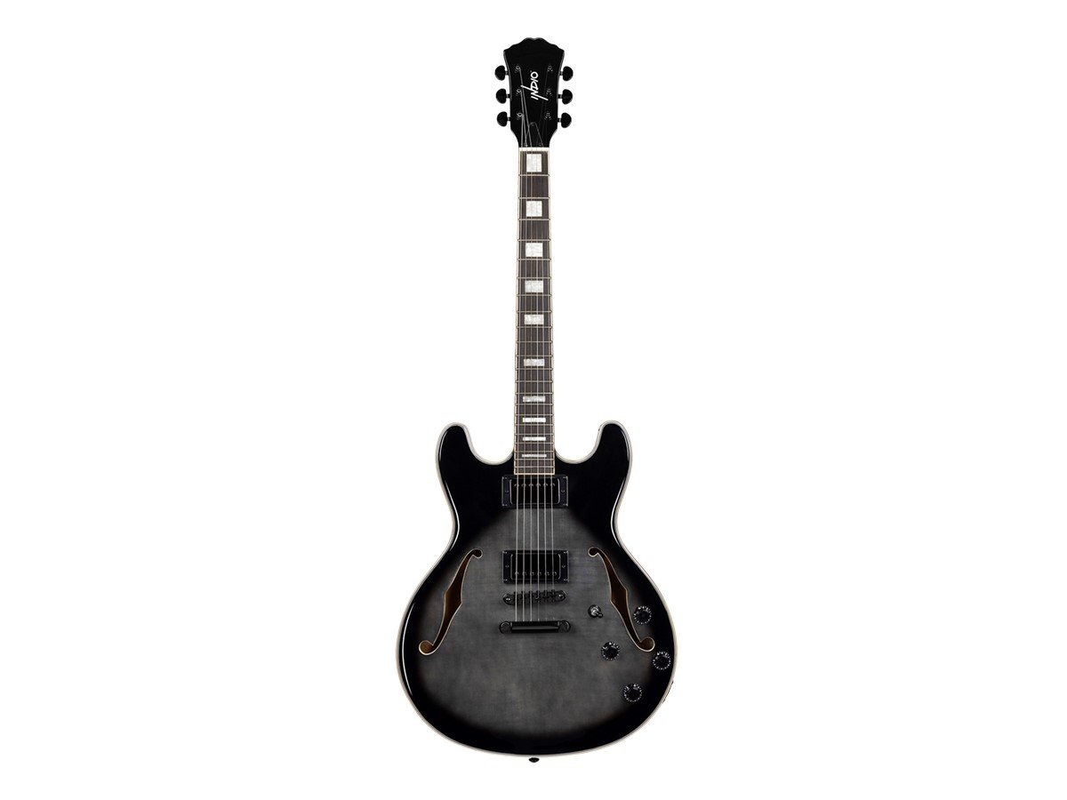 Indio by Monoprice Boardwalk Flamed Maple Semi Hollow Body Electric Guitar with Gig Bag, Charcoal - main image