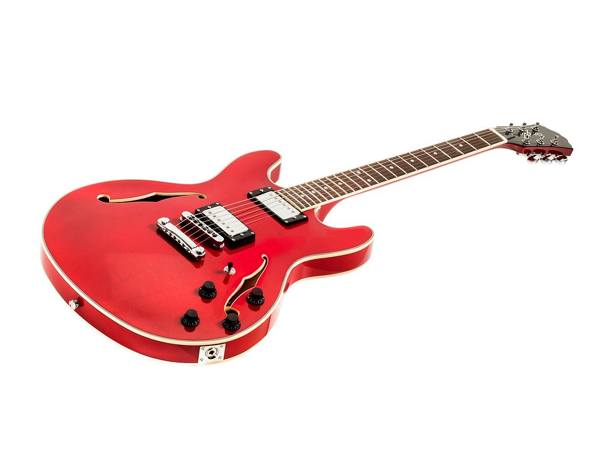 Indio by Monoprice Boardwalk Hollow Body Electric Guitar with Gig Bag, Red - main image