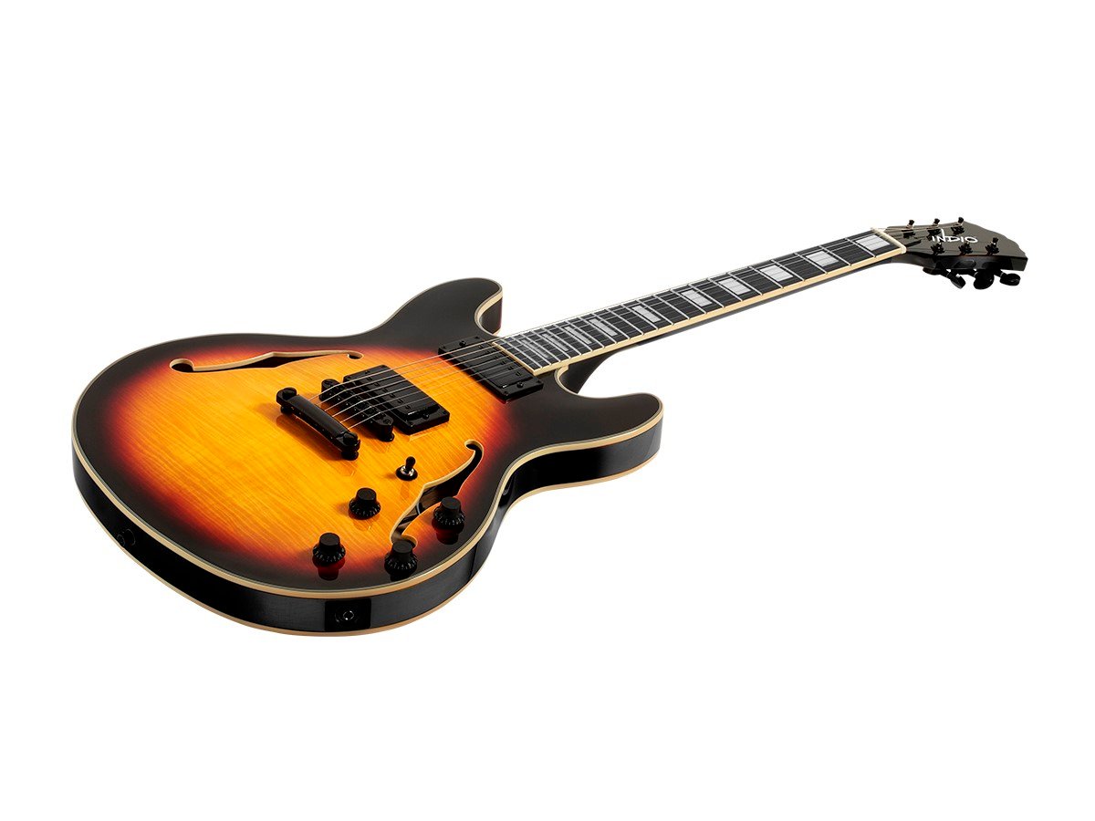 Indio by Monoprice Boardwalk Flamed Maple Hollow Body Electric Guitar with Gig Bag, Sunburst - main image