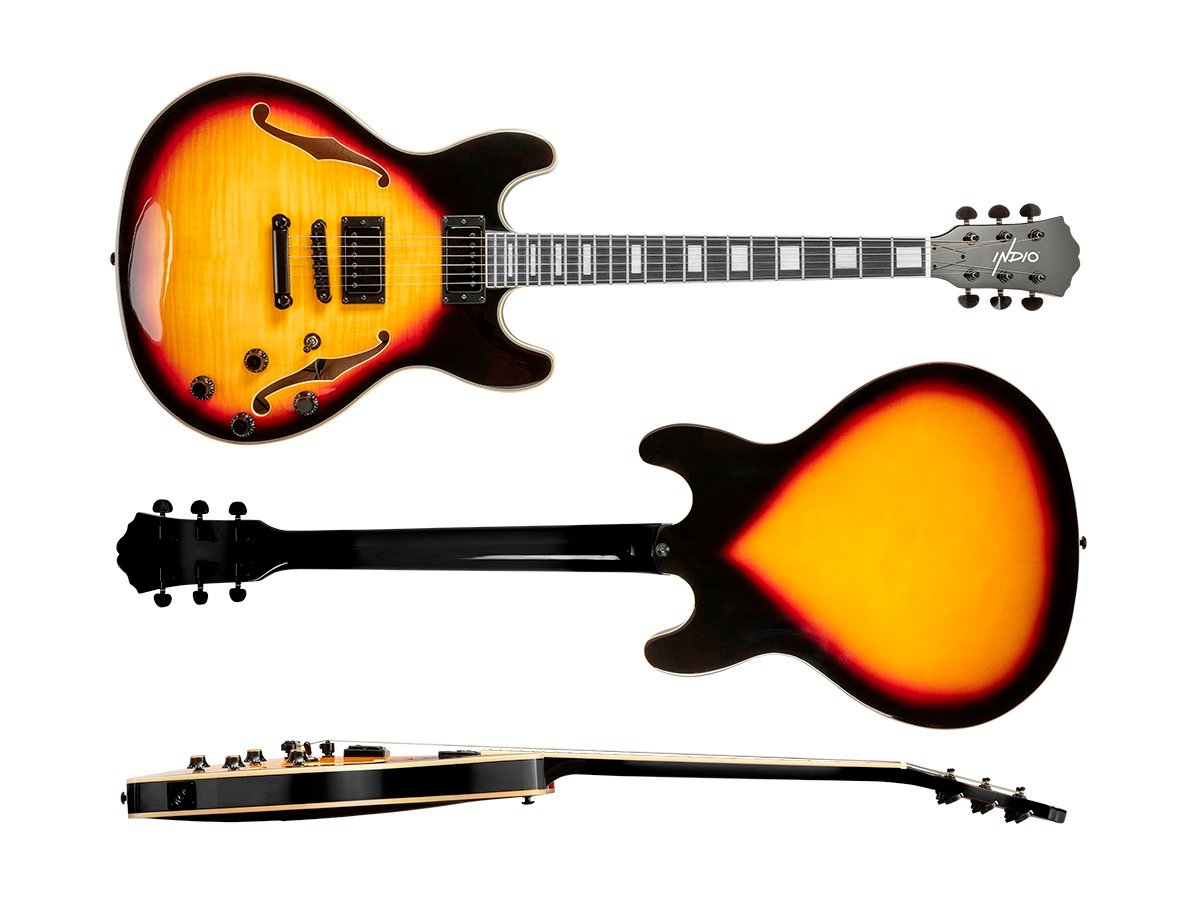 Indio by Monoprice Boardwalk Flamed Maple Semi Hollow Body Electric Guitar  with Gig Bag Sunburst