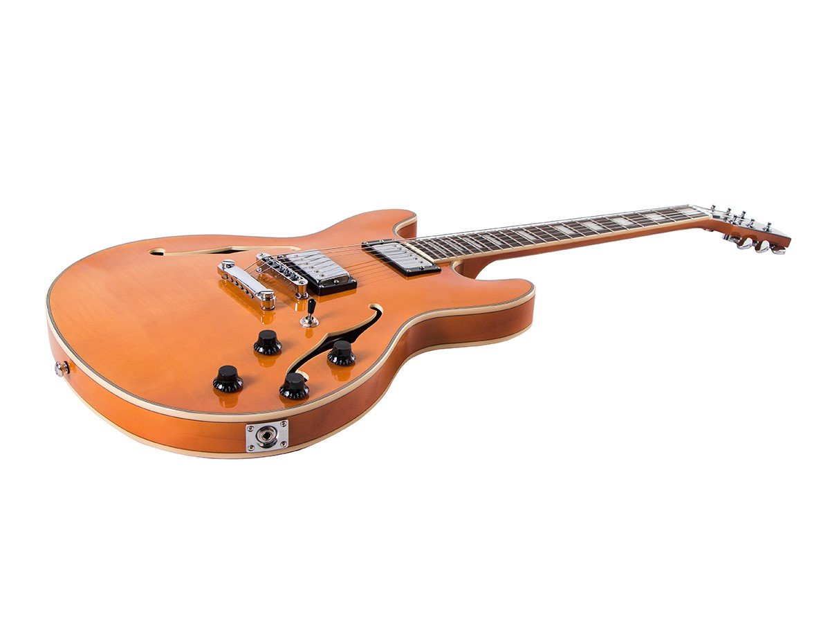 Indio by Monoprice Boardwalk Transparent Amber Semi Hollow Body Electric  Guitar with Gig Bag