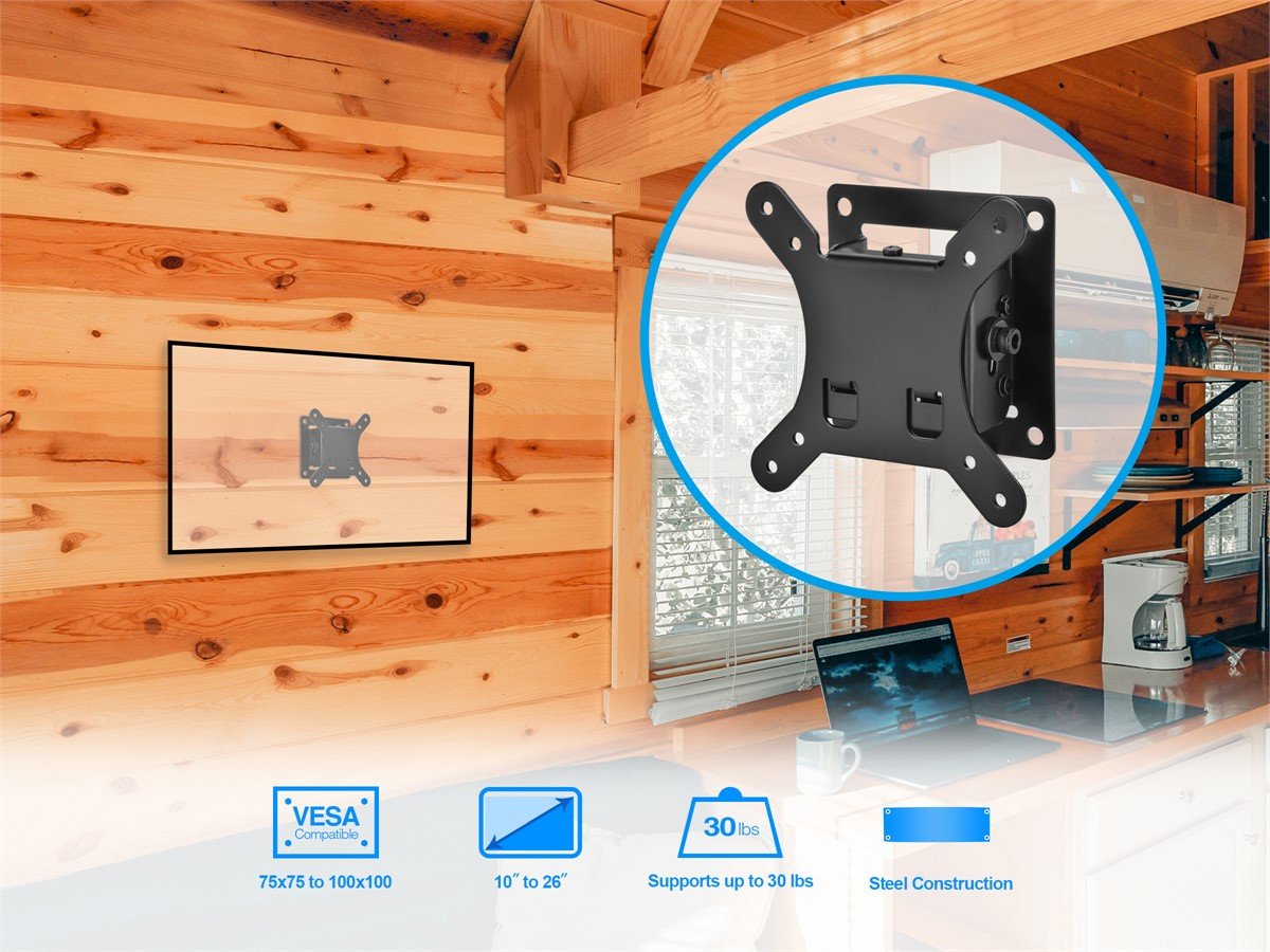 Monoprice Essential Tilt TV Wall Mount Bracket For 10" To 26" TVs up  to 30lbs, Max VESA 100x100, Heavy Duty Works with Concrete and Brick 