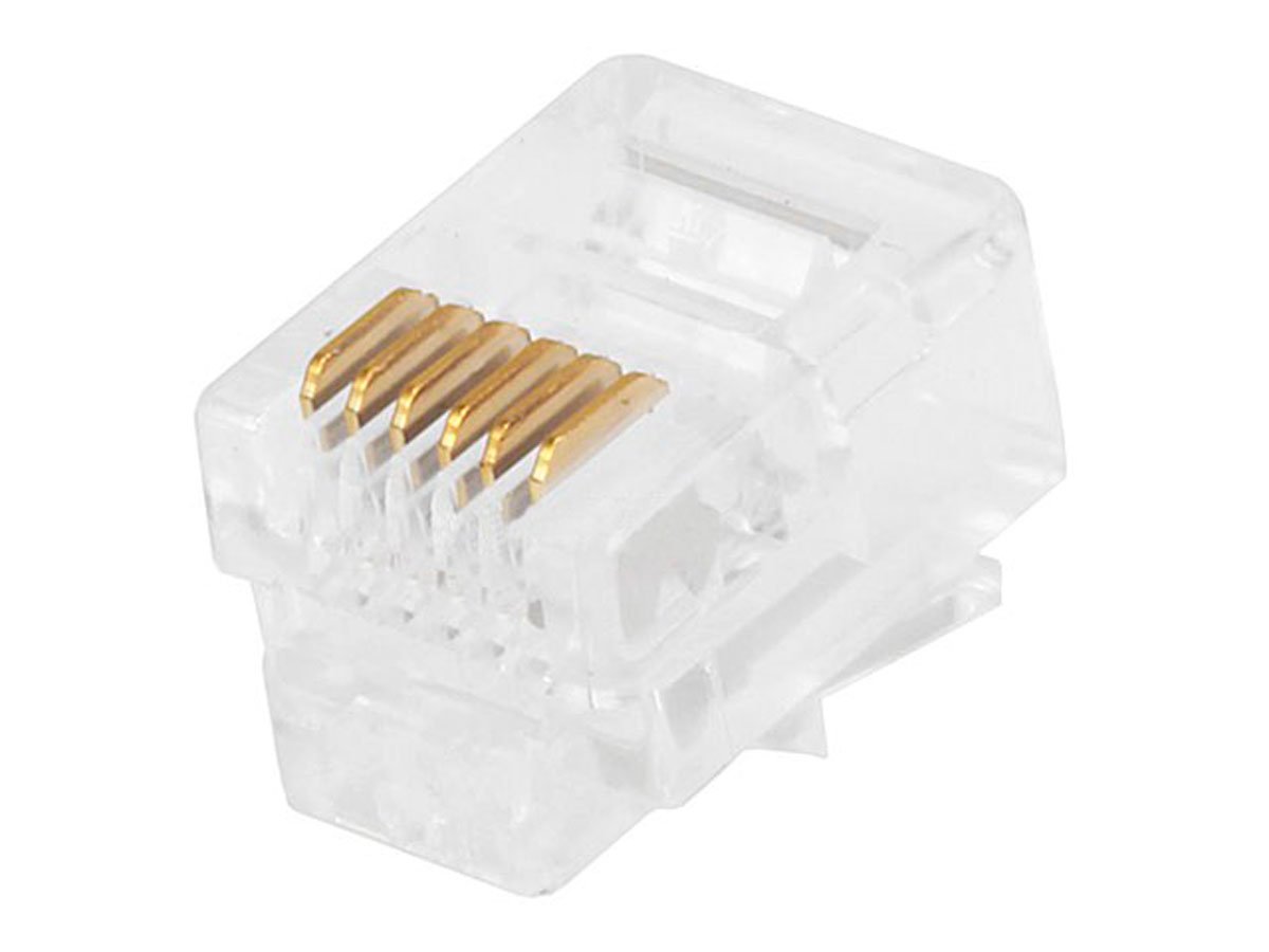 Monoprice 6P6C RJ12 Modular Plugs for Flat Solid/Stranded Cable, 1u, 2 Prongs, Clear, 50-Pk - main image