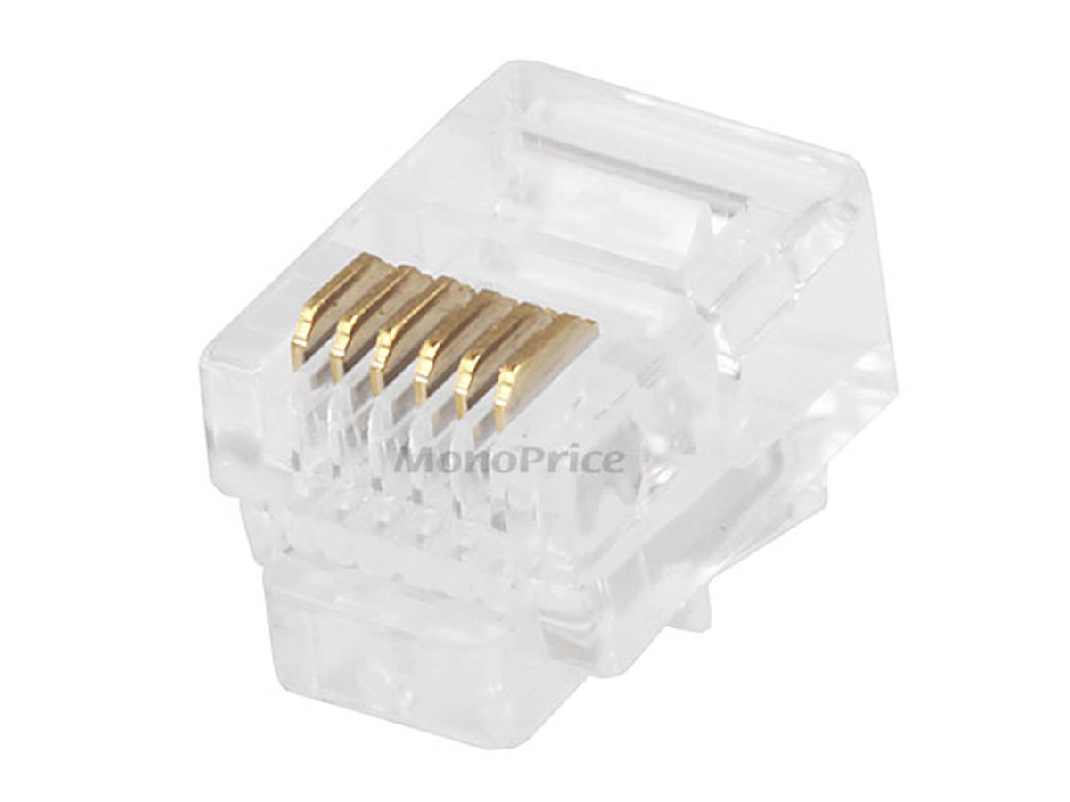 Monoprice 6P6C RJ12 Modular Plugs for Round Solid/Stranded Cable, 1u, 3 Prongs, Clear, 50-Pk - main image