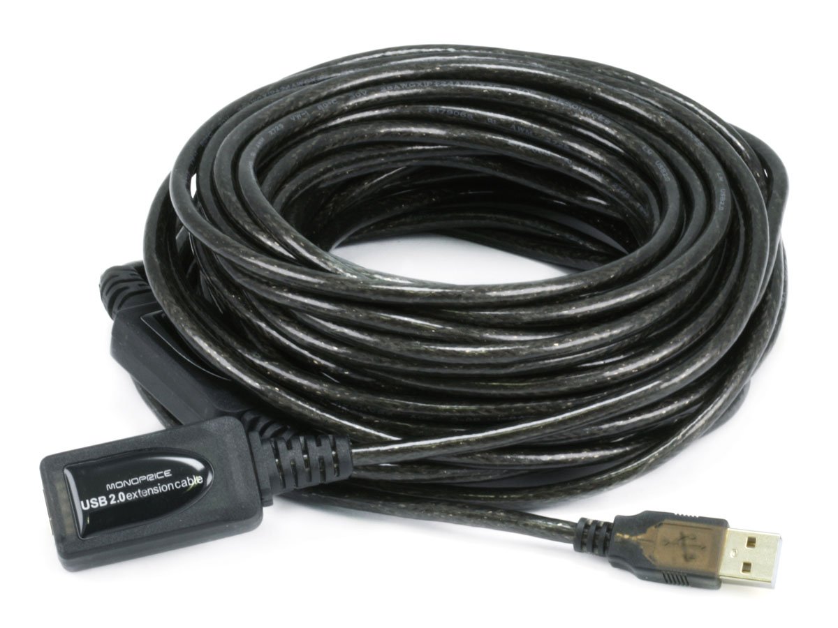 Monoprice USB Type-A Male to Type-A Female 2.0 Extension Cable - Active, 28/24AWG, Repeater, Kinect, and PS3 Move Compatible, Black, 49ft - main image