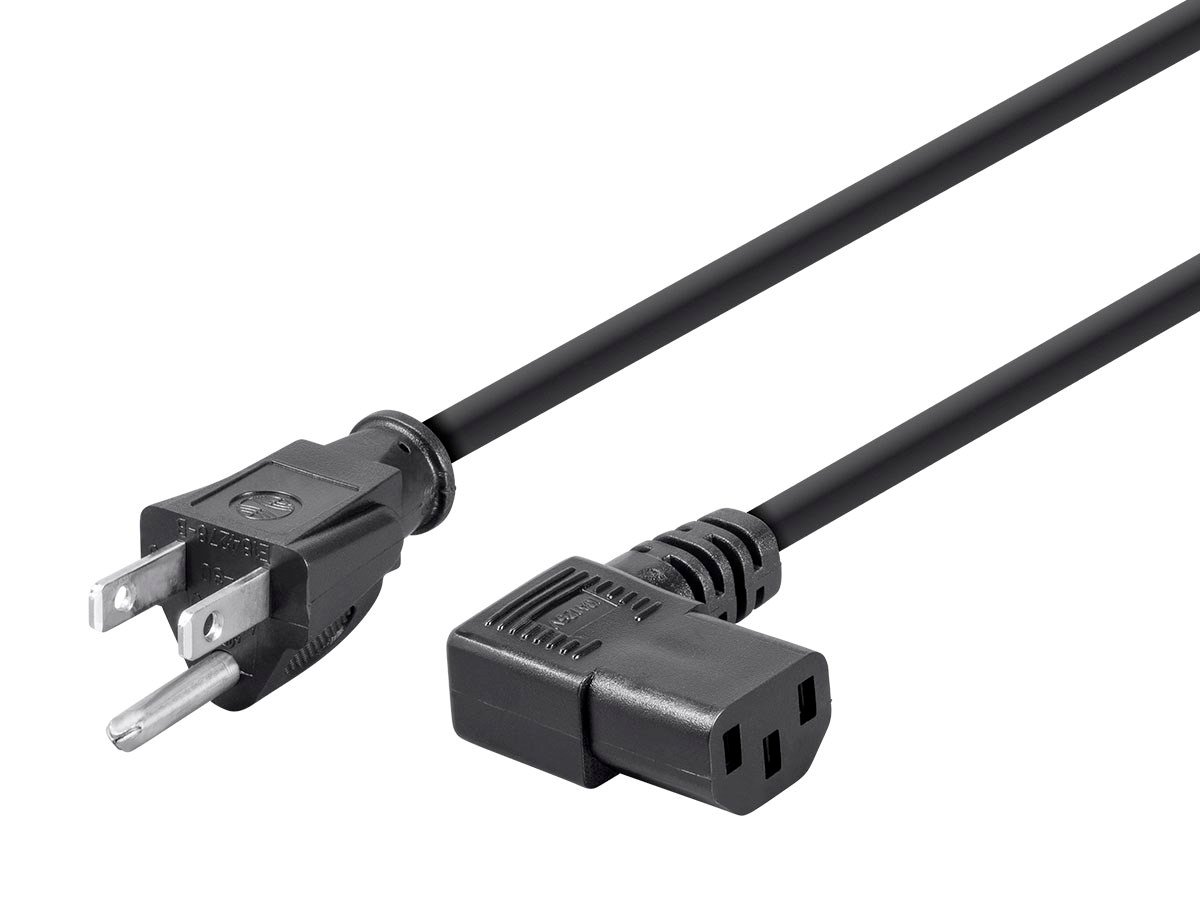 Monoprice Right Angle Power Cord - NEMA 5-15P to Right Angle IEC 60320 C13, 18AWG, 10A/1250W, SVT, 125V, Black, 3ft - main image