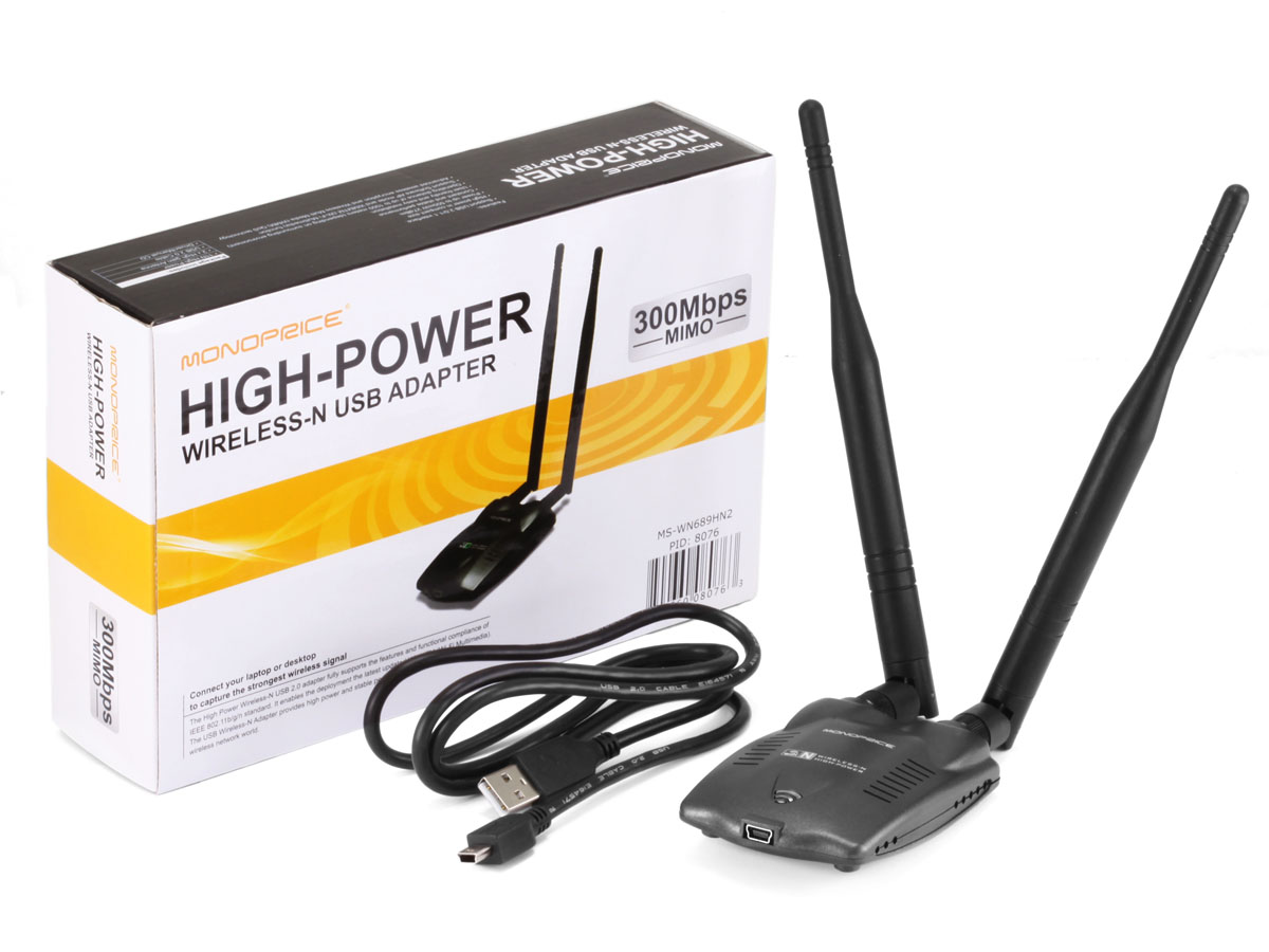 Monoprice USB Wireless Lan 802.11N High Power Adapter with 2 Antennas