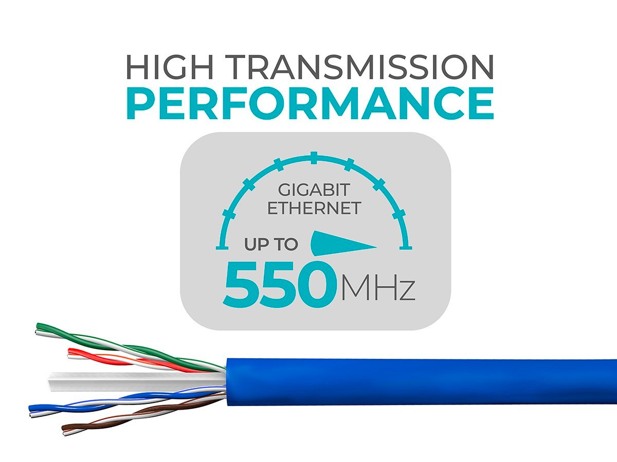 Monoprice Cat6 Ethernet Bulk Cable Blue Solid 1000ft Network Internet Cord Pure Bare Copper Wire 550Mhz No Logo 23AWG Plenum CMP UTP