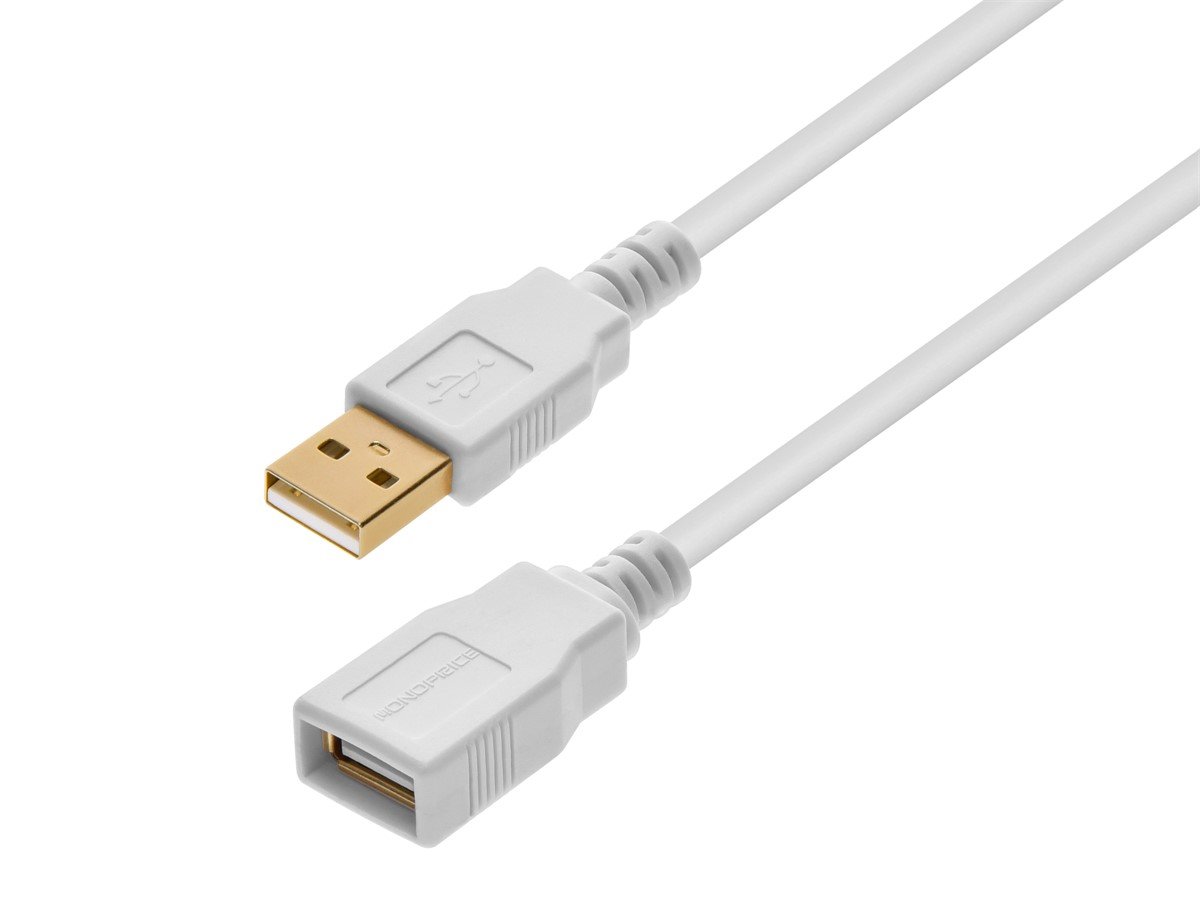 Monoprice USB USB-A To USB USB-A Female 2.0 Extension Cable - 28/24AWG  Gold Plated  White  3ft
