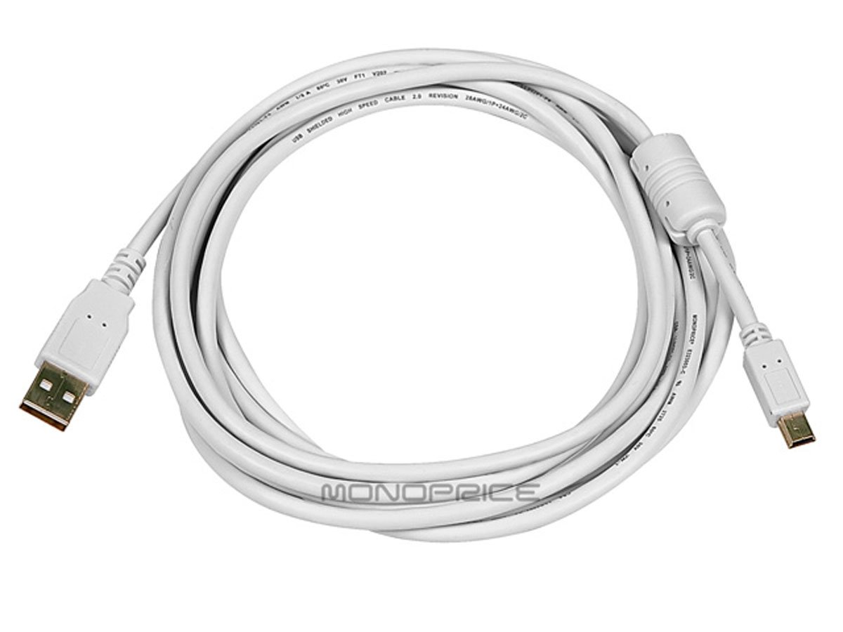 Monoprice USB-A To Mini-B 2.0 Cable - 5-Pin, 28/24AWG, Gold Plated, White, 10ft
