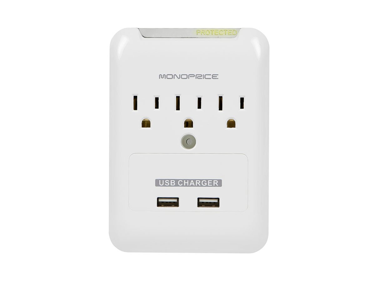 Monoprice 3 Outlet Power Surge Protector Wall Tap with 2 USB Ports 2.1A - 540 Joules - main image