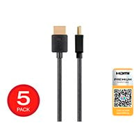 Monoprice 4K Slim Certified Premium High Speed HDMI Cable 6ft - 18Gbps Black - 5 Pack