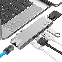 PureFix USB C Hub, 7-in-2 Dual Type-C Adapter for MacBook Pro  13" 15" Gigabit Ethernet, Power Delivery, Thunderbolt 3, 4K HDMI, MicroSD/SD Card Reader (Silver)