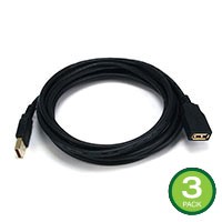 Monoprice USB Type-A to USB Type-A Female 2.0 Extension Cable - 28/24AWG Gold Plated Black 10ft, 3-Pack