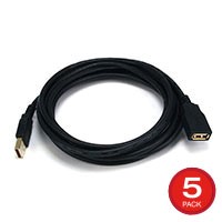 Monoprice USB Type-A to USB Type-A Female 2.0 Extension Cable - 28/24AWG Gold Plated Black 10ft, 5-Pack