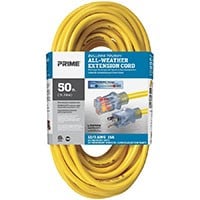 Outdoor Oil Resistant Extension Power Cord, 12AWG, 20A, SJTOW, Yellow, 50ft