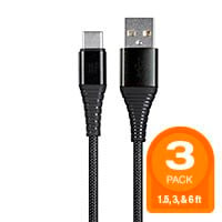 Monoprice AtlasFlex Series Durable USB 2.0 Type-C to Type-A Charge and Sync Kevlar-Reinforced Nylon-Braid Cable, 1.5ft/3ft/6ft, Black - 3 Pack