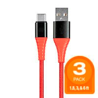 Monoprice AtlasFlex Series Durable USB 2.0 Type-C to Type-A Charge and Sync Kevlar-Reinforced Nylon-Braid Cable, 1.5ft/3ft/6ft, Red - 3 Pack