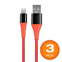 Monoprice AtlasFlex Series Durable Apple MFi Certified Lightning to USB Type-A Charge and Sync Kevlar-Reinforced Nylon-Braid Cable, 6ft, Red - 3 Pack