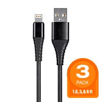 Monoprice AtlasFlex Series Durable Apple MFi Certified Lightning to USB Type-A Charge and Sync Kevlar-Reinforced Nylon-Braid Cable, 1.5ft/3ft/6ft, Black - 3 Pack