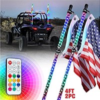 2pc 4ft Spiral 360 Degree LED Antenna Whip Lights, RF Wireless Remote, Weatherproof LED Lighted Whips, USA Flag, for RZR Can-Am Polaris UTV ATV Accessories