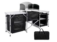 6' Aluminum Portable Fold-Up Camping Kitchen Table with Windscreen and 5 Enclosed Cupboards