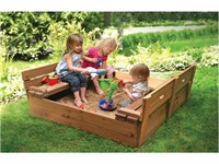 Kids Large Wooden Sandbox with 2 Convertible Foldable Bench Seats