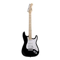 Indio by Monoprice Cali Classic HSS Electric Guitar with Gig Bag - Black Body, White Pickguard, Maple Fretboard