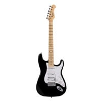 Indio by Monoprice Cali DLX Plus HSS Electric Guitar with Gig Bag - Black Ash Body, Wilkinson Bridge/Pickups, White Pickguard, Maple Fingerboard